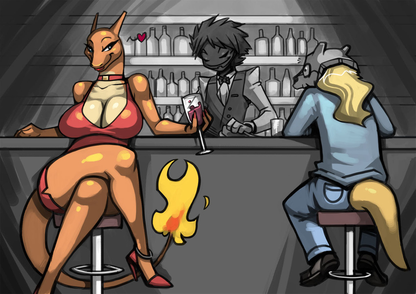 anthro bar bartender big_breasts big_thighs bittenhard blonde_hair blue_eyes breasts chair charizard crovirus cubone female fire gengar glass hair high_heels lipstick male milf mother nintendo parent pok&#233;mon pok&#233;morph pok&eacute;mon red_dress ruby_ignis sitting skull_mask thick_thighs tomierlanely video_games