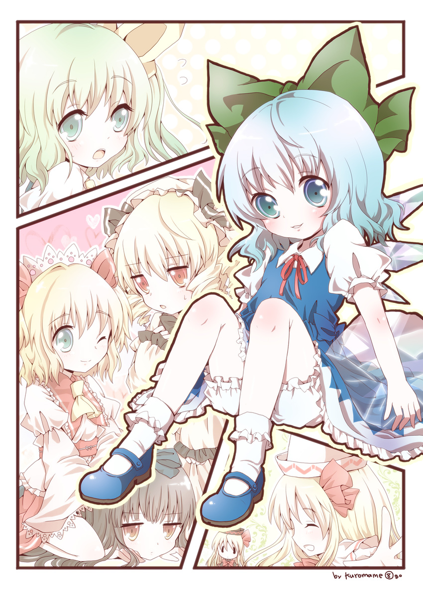 ascot bad_id bad_pixiv_id blonde_hair bloomers blue_eyes blue_hair blue_skirt bobby_socks bow brown_hair cirno closed_eyes daiyousei drill_hair dual_persona green_eyes green_hair hair_bow hair_ribbon happy hat highres ice_block jitome kuromame_(8gou) lily_black lily_white luna_child maid_headdress mary_janes multiple_girls one_eye_closed open_mouth red_eyes ribbon shirt shoes side_ponytail sitting skirt smile socks star_sapphire sunny_milk touhou underwear wings yousei_daisensou