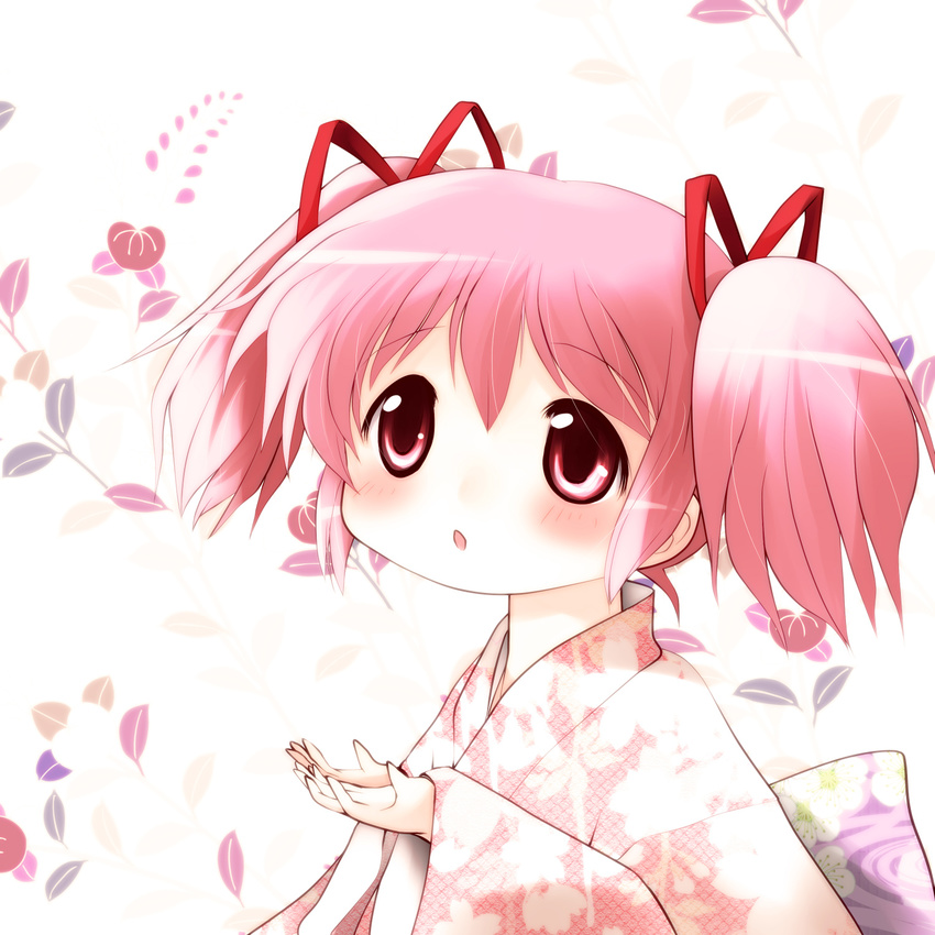 blush highres japanese_clothes kaname_madoka kimono leaf mahou_shoujo_madoka_magica open_mouth pink_eyes pink_hair short_twintails solo twintails yume_shokunin