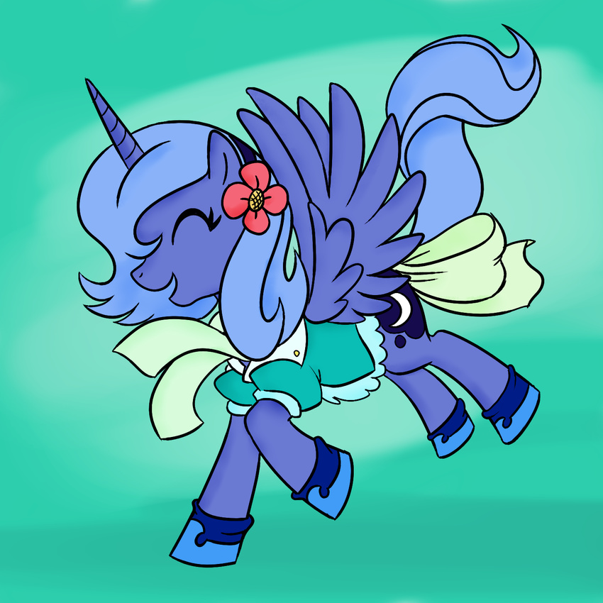 alicorn bow clothing cute cutie_mark equine female feral flower friendship_is_magic hair happy hasbro horn horse long_hair madmax mammal my_little_pony pegacorn plain_background pony princess_luna_(mlp) smile solo tail winged_unicorn wings young