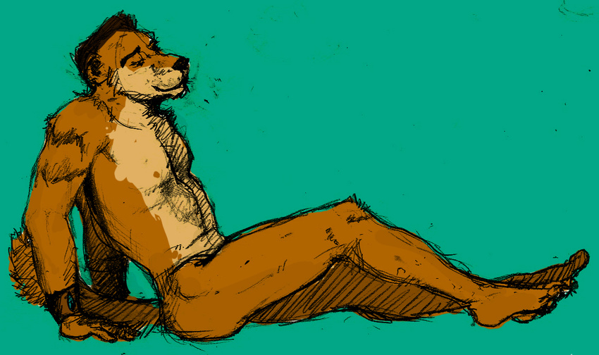 arm_support brown_fur brown_nipples fur looking_down male model mohawk mongoose muscles nipples nude plain_background pose reclining solo tail tan_fur teal_background thinking unknown_artist wristband