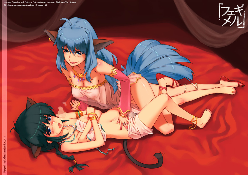 ahoge animal_ears anklet bangle barefoot black_hair blue_eyes blue_hair bokuseiinmonzeninari_sakura bracelet breasts breath cat_ears feet feguimel fox_ears heavy_breathing hyper_police jewelry leg_between_thighs long_legs medium_breasts multiple_girls navel necklace nipple_slip nipples ring sandals sasahara_natsuki_(hyper_police) see-through tail toe_ring toes undressing watermark web_address yuri