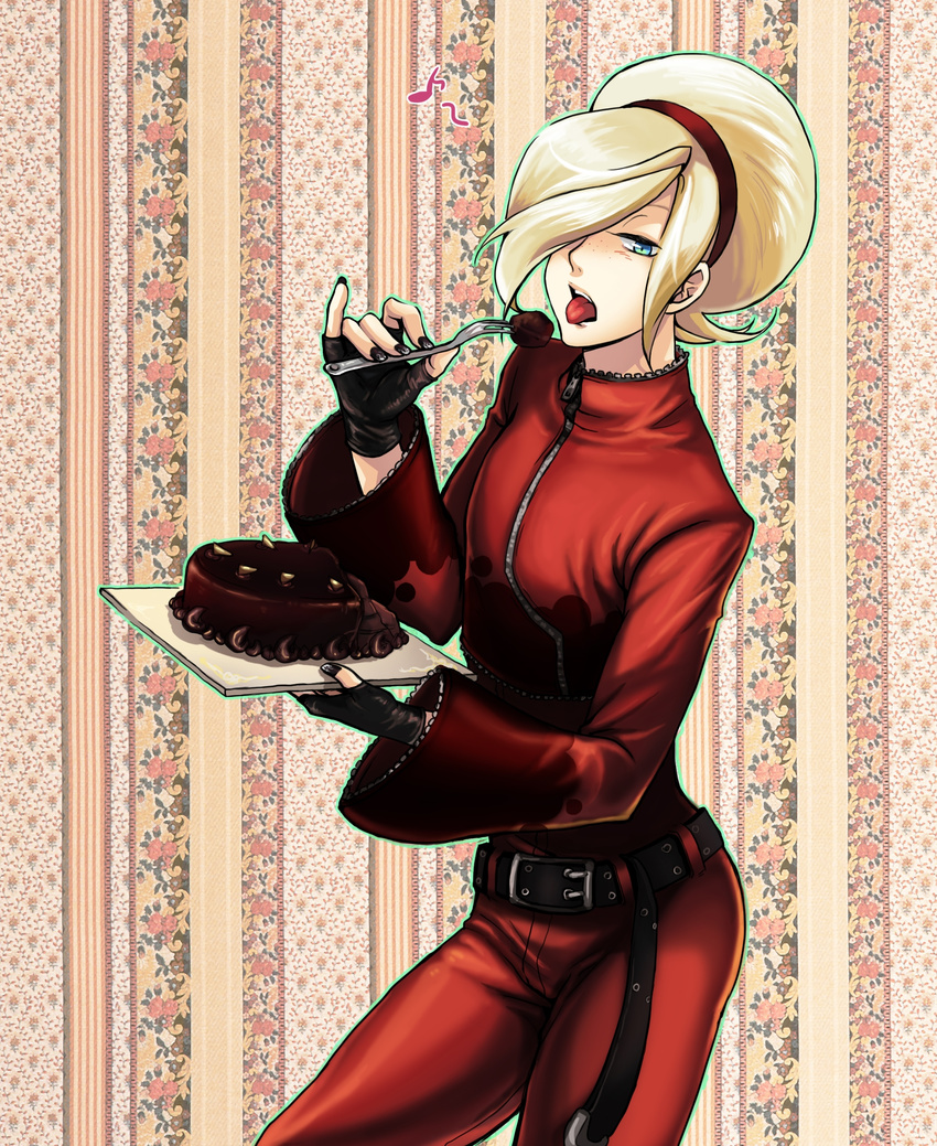 androgynous ash_crimson belt blonde_hair blue_eyes blush cake eating fingerless_gloves floral_print food fork freckles gloves hair_over_one_eye hairband highres holding jacket king_of_fighters kkaiju long_hair long_nails musical_note nail_polish pants pinky_out snk tight_pants trap zipper