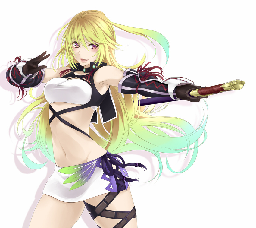 aqua_hair bad_id bad_pixiv_id bare_shoulders blonde_hair elbow_gloves gloves gradient_hair long_hair midriff milla_maxwell miniskirt multicolored_hair navel nidoro open_mouth pose purple_eyes scabbard sheath simple_background skirt solo strapless streaked_hair sword tales_of_(series) tales_of_xillia thigh_strap tubetop weapon