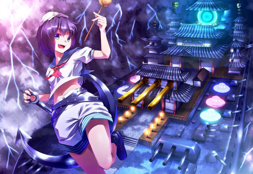 anchor ascot belt bishamonten's_pagoda blue_eyes cannon dress fang flying hat hishaku lightning midriff murasa_minamitsu navel open_mouth palanquin_ship purple_hair ryosios sailor_dress ship shirt short_hair shorts smile solo stairs storm temple touhou ufo watercraft