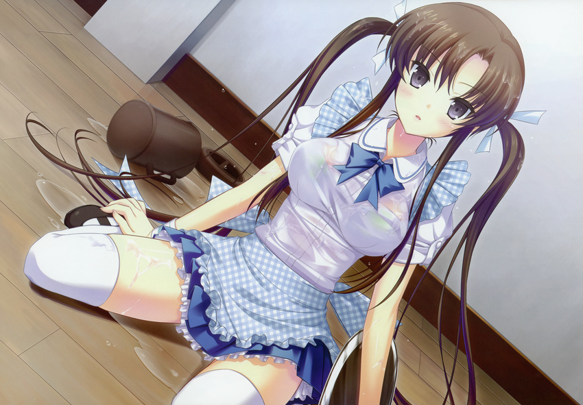 absurdres ayatsuki_meika black_eyes bow bra breasts brown_hair bucket bucket_spill dutch_angle green_bra hair_ribbon hands_on_feet highres huge_filesize large_breasts long_hair looking_at_viewer open_mouth ribbon see-through shirahane_nao sitting skirt solo spill sucre thighhighs twintails underwear very_long_hair waitress wariza water wet wet_clothes white_legwear zettai_ryouiki