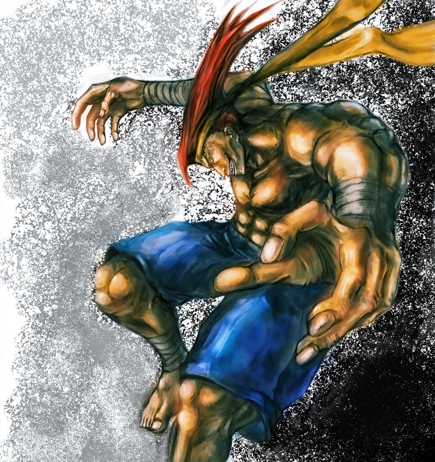 abs adon_(street_fighter) ankle_wrap bad_id bad_pixiv_id bandages barefoot hand_wraps headband highres male_focus mongkhon muscle pointy_hair red_hair shorts solo street_fighter teeth veins