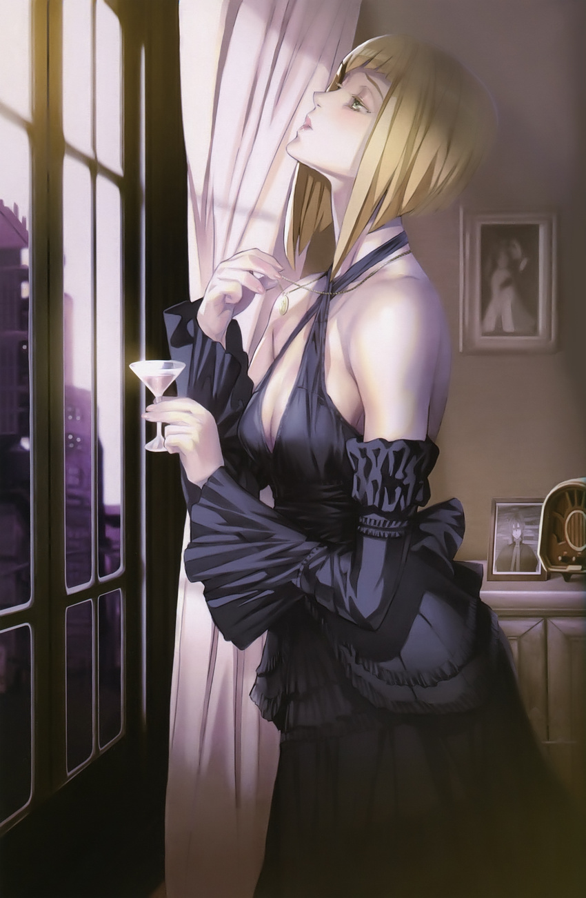 absurdres bare_shoulders blonde_hair bob_cut criss-cross_halter cup detached_sleeves dress drinking_glass formal green_eyes halterneck highres jewelry lips looking_up maeshima_shigeki milepoch_finedel necklace tatakau_shisho window wine_glass