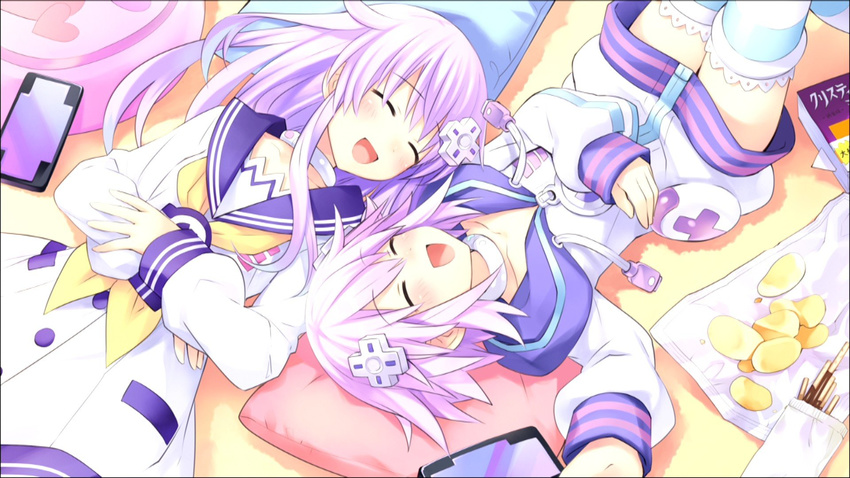 2girls choujigen_game_neptune choujigen_game_neptune_mk2 compile_heart eyes_closed game_cg highres idea_factory laughing long_hair multiple_girls nepgear neptune_(choujigen_game_neptune) neptune_(series) pink_hair pocky purple_heart purple_sister siblings sisters striped striped_legwear thighhighs tsunako yuri