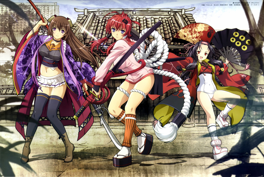 absurdres artist_request black_hair black_legwear breasts brown_hair fan highres hyakka_ryouran_samurai_girls legs long_hair medium_breasts midriff multiple_girls non-web_source one-piece_swimsuit purple_eyes red_eyes red_hair samurai sanada_yukimura_(hyakka_ryouran) school_swimsuit socks swimsuit thighhighs tokugawa_sen very_long_hair weapon white_school_swimsuit white_swimsuit yagyuu_juubei_(hyakka_ryouran)