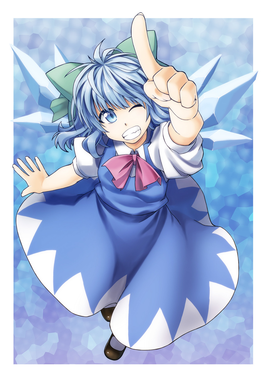 absurdres alto-00 blue_eyes blue_hair cirno hair_ribbon highres one_eye_closed pointing ribbon solo touhou wings