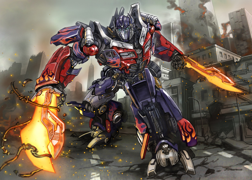 autobot battlefield blue_eyes building city destruction faceplate fire glowing glowing_eyes mecha no_humans optimus_prime robot smoke solo touge_(kubiwa_tsuki) transformers weapon