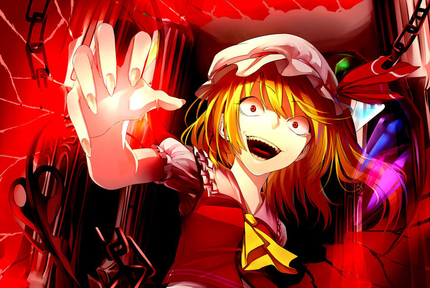 aritoki_ritsu blonde_hair chain constricted_pupils crazy_eyes face fingernails flandre_scarlet hands hat looking_at_viewer open_mouth red_eyes sharp_teeth solo teeth touhou