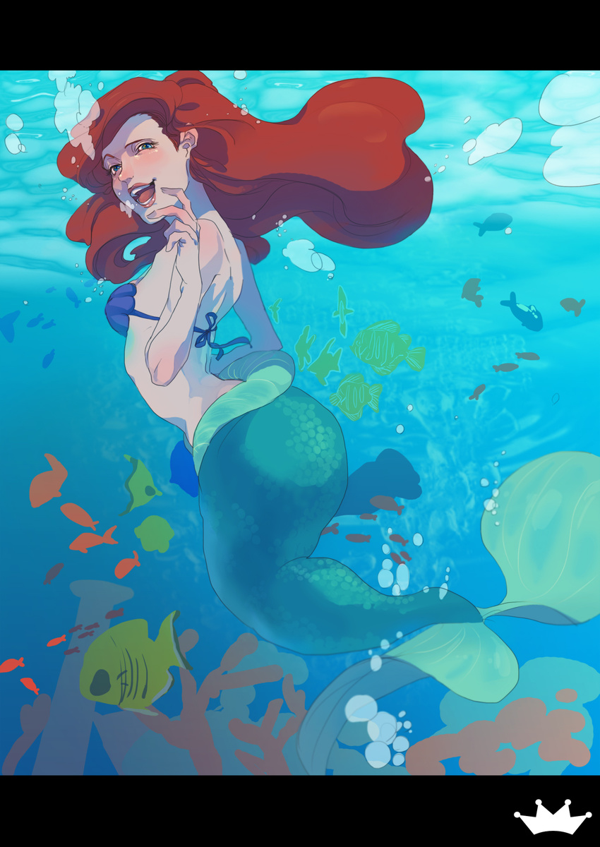 ariel_(disney) blue_eyes bra bubble bubbles disney female fish fish_tail highres long_hair looking_back mermaid monster_girl nshi open_mouth red_hair seashell_bra solo tail the_little_mermaid underwater underwear