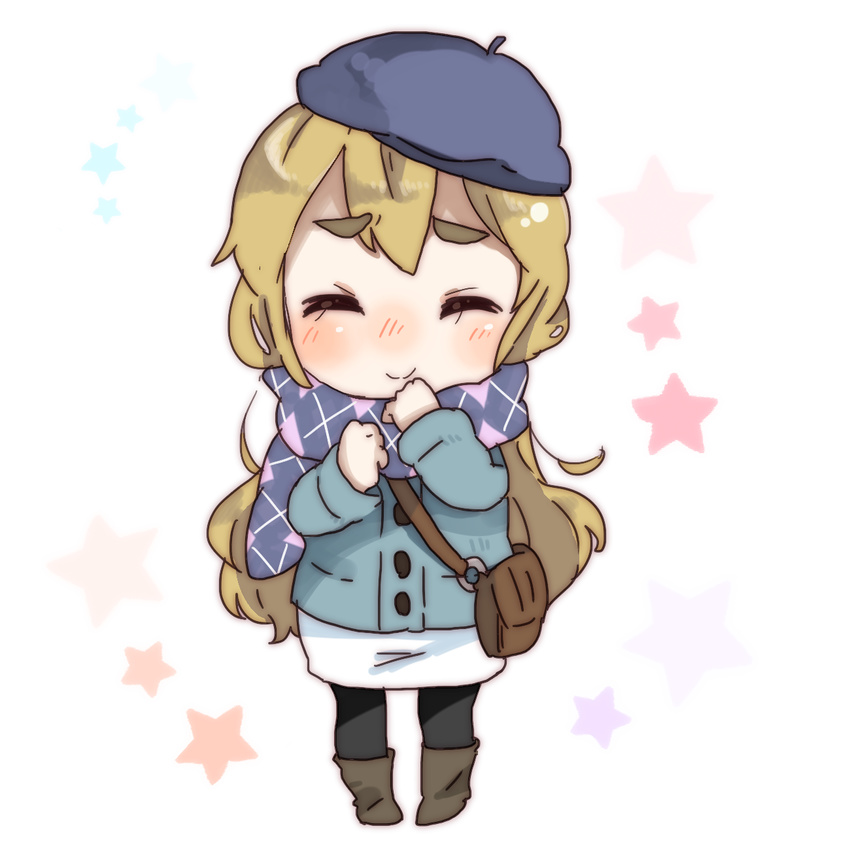 argyle argyle_scarf bad_id bad_pixiv_id bag beret blonde_hair chibi closed_eyes coat eyebrows giggling hat highres k-on! k-on!_movie kotobuki_tsumugi long_hair pantyhose scarf solo sunameri_oishii winter_clothes winter_coat