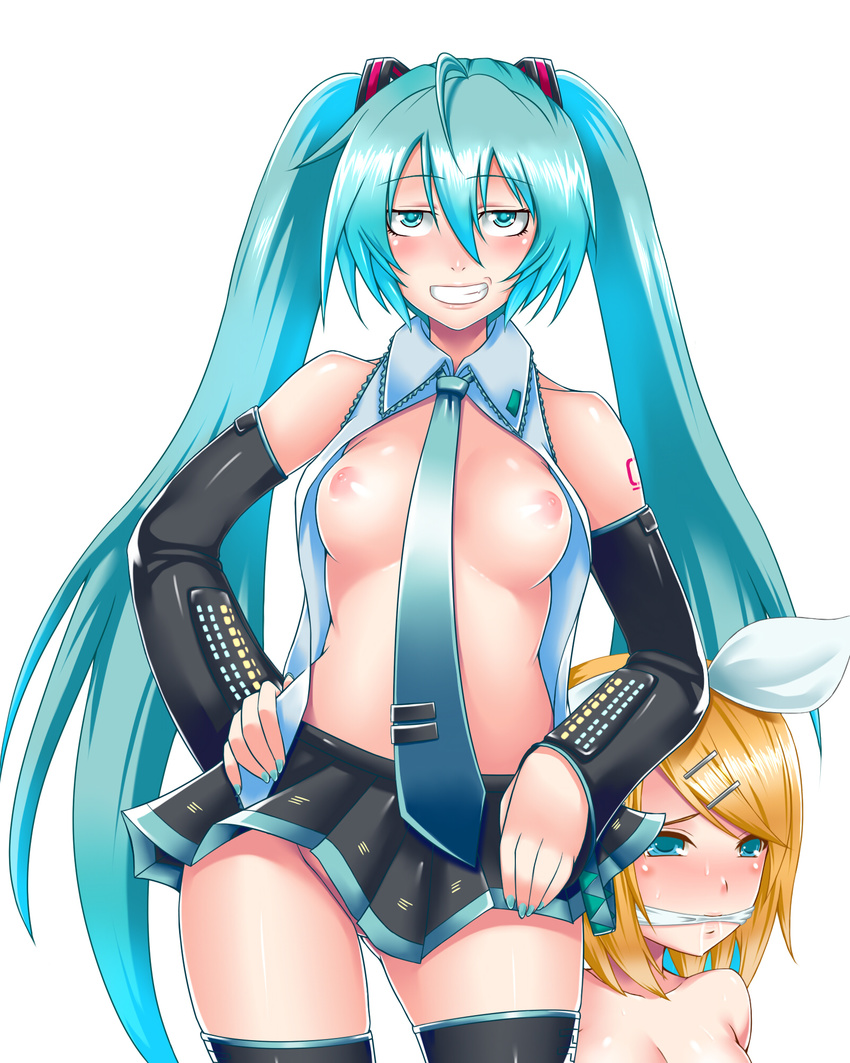 areolae bare_shoulders bdsm black_legwear blonde_hair blue_hair bondage bound breasts collarbone elbow_gloves gag gagged gloves grin hair_ornament hairclip hand_on_hip hatsune_miku highres kagamine_rin long_hair medium_breasts miniskirt mizuse_kouichi multiple_girls necktie nipples no_panties open_clothes open_shirt saliva shirt short_hair skirt smile teeth thighhighs twintails vocaloid