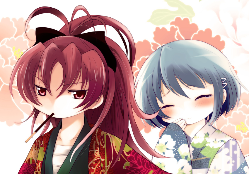 antenna_hair blue_hair blush floral_print flower food hair_ornament hair_ribbon hairclip highres japanese_clothes kimono long_hair mahou_shoujo_madoka_magica miki_sayaka mouth_hold multiple_girls pocky ponytail red_eyes red_hair ribbon sakura_kyouko sarashi short_hair smile tears yukata yume_shokunin