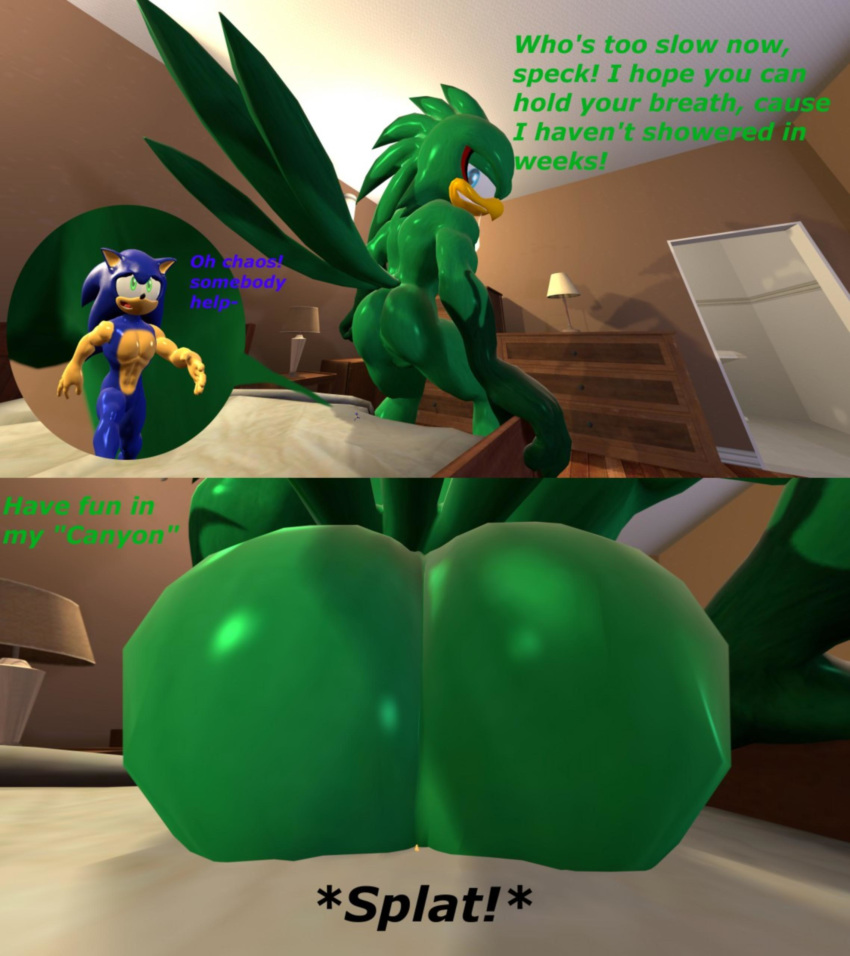 anthro avian bed bedroom big_butt bird butt comic crush eulipotyphlan hawk hedgehog jet_the_hawk macro male male/male mammal micro sitting sonic_(series) sonic_riders sonic_the_hedgehog steelclaw345 sweat text