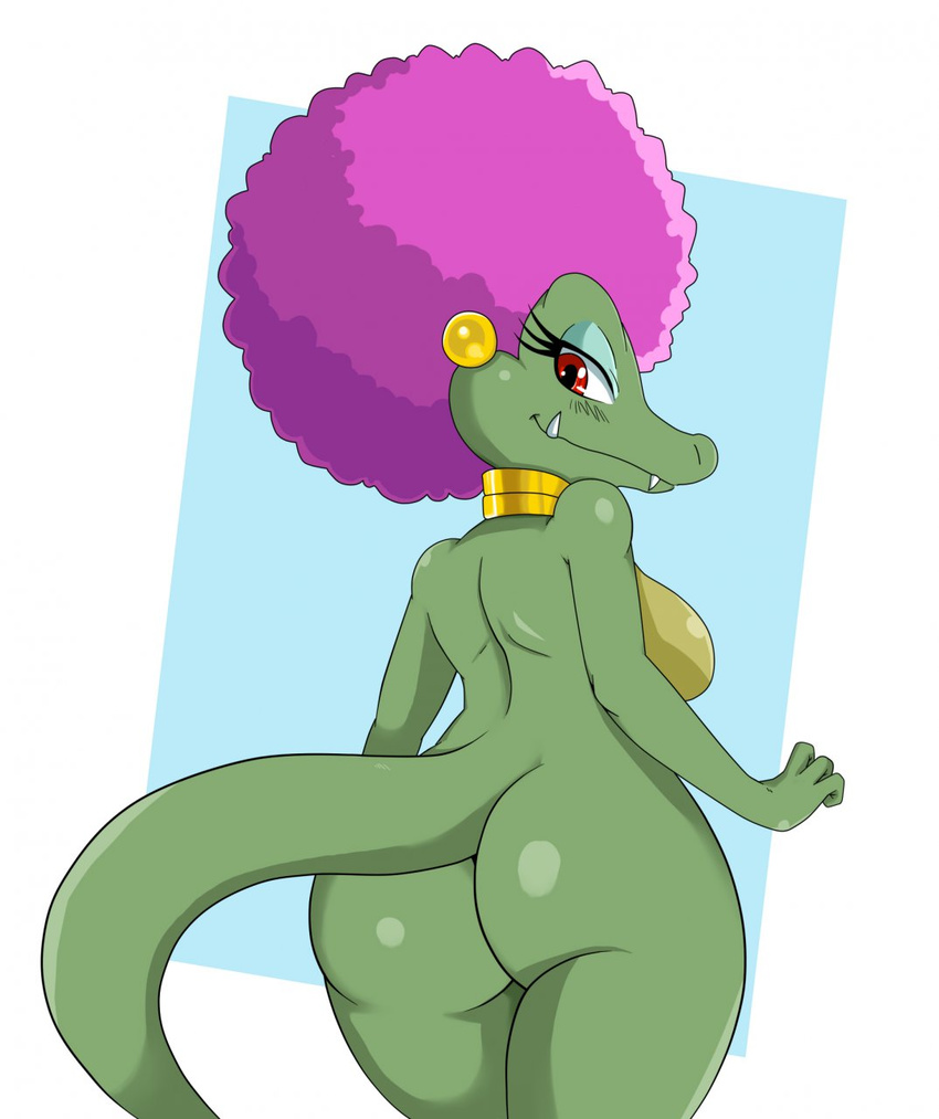 alligator anthro blush breasts butt collar donkey_kong_(series) female jewelry kalypso kremling looking_at_viewer nintendo nude pinup pose red_eyes reptile scalie side_boob solo sssonic2 video_games