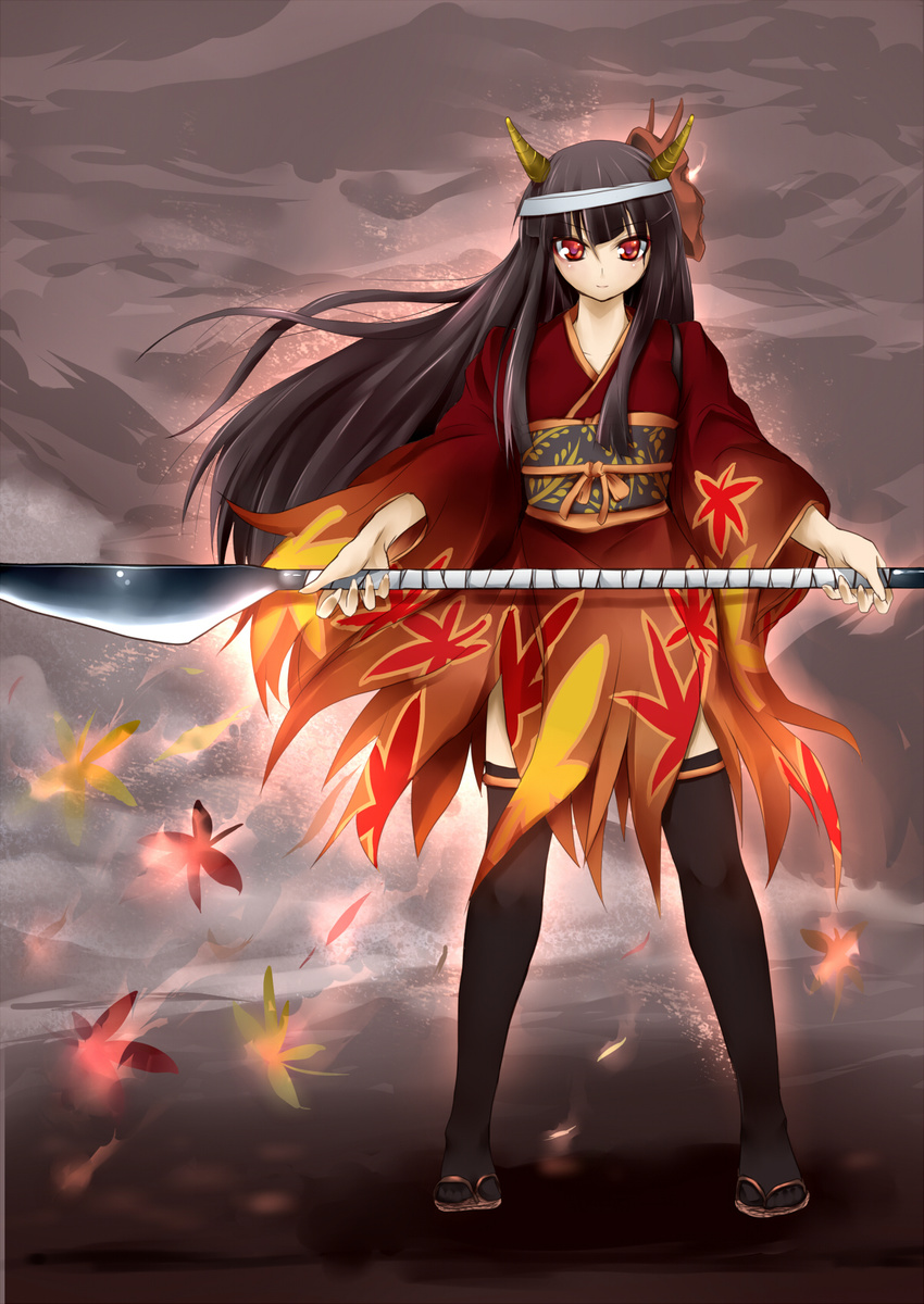 black_hair highres hinomoto_oniko horns japanese_clothes kimono long_hair naginata oni_mask original polearm red_eyes sandals solo tadano_magu thighhighs weapon