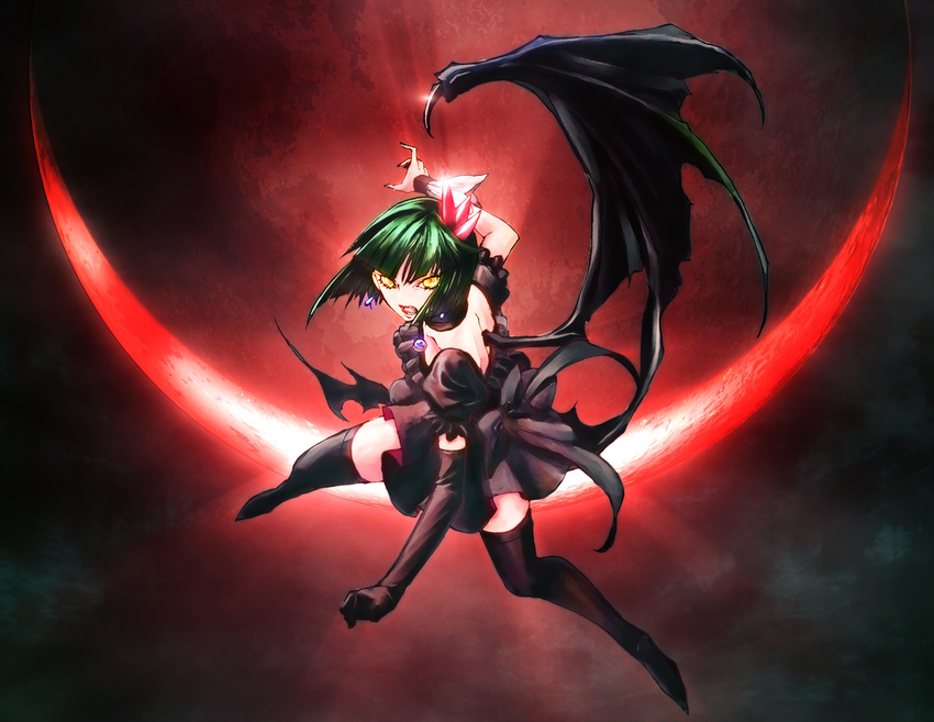 angry back_bow bare_shoulders black_choker black_legwear boots bow choker dark_precure derivative_work dress elbow_gloves fighting_stance full_body gloves goru_(cure_golgom) green_hair heartcatch_precure! moon open_mouth precure short_hair single_elbow_glove single_glove single_wing solo thigh_boots thighhighs wings wrist_cuffs yellow_eyes zettai_ryouiki