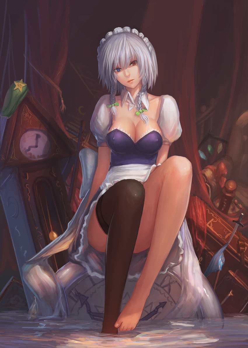 absurdres barefoot black_legwear blue_eyes bow braid breasts cleavage clock collarbone covered_nipples dagger detached_collar hair_bow hat head_tilt heterochromia highres izayoi_sakuya large_breasts legs lips looking_at_viewer maid_headdress no_bra open_mouth panties realistic red_eyes silver_hair single_thighhigh sitting soaking_feet solo striped striped_panties thighhighs touhou twin_braids underwear water weapon youyi_(ww5413203)