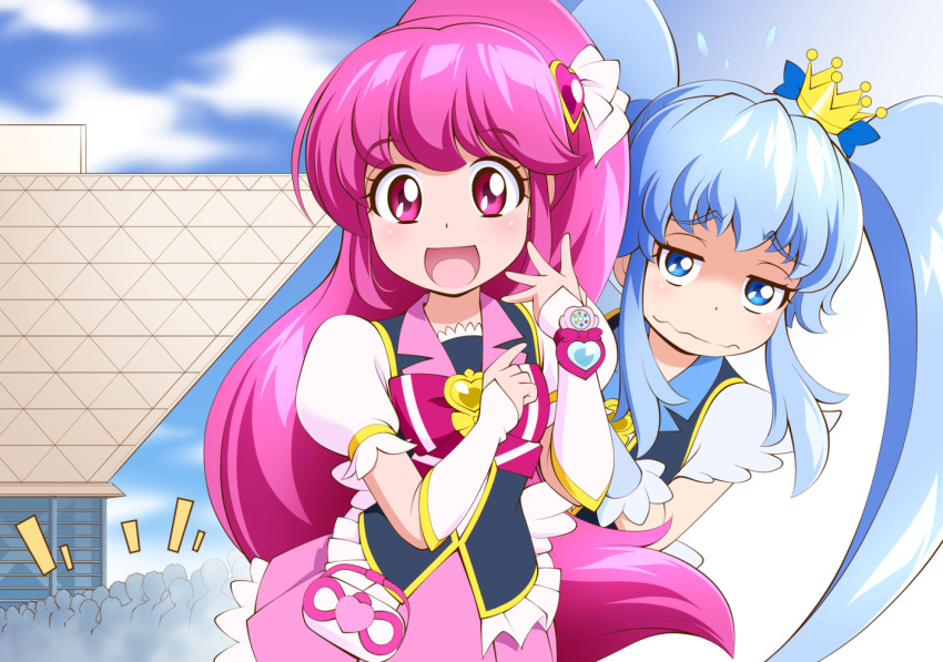 2girls :d aino_megumi black_vest blue_bow blue_eyes blue_hair bow brooch closed_mouth comiket crown cure_lovely cure_princess hair_ornament hair_ribbon happinesscharge_precure! happy heart heart_hair_ornament jewelry jitome long_hair looking_at_viewer magical_girl mattsua mini_crown multiple_girls nervous open_mouth pink_bow pink_eyes pink_hair pink_skirt precure puffy_sleeves raised_eyebrows ribbon shirayuki_hime sidelocks skirt smile tokyo_big_sight twintails upper_body vest wavy_mouth wrist_cuffs