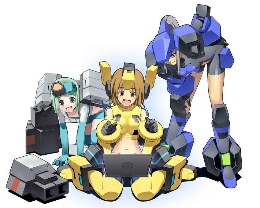 3girls breasts brown_eyes brown_hair computer cosmic_break destructor_girl green_eyes green_hair hair_ornament happy kneeling laptop leaning_forward mecha_jetter_girl mecha_musume midriff multiple_girls navel official_art open_mouth ponytail red_eyes silver_hair skin_tight smile wallpaper zero_saber_girl