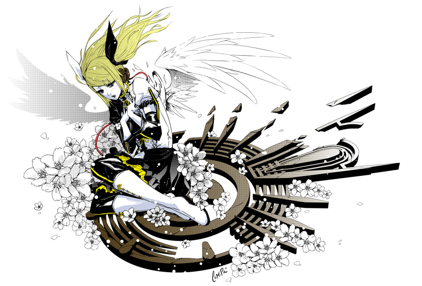 blonde_hair comipa feather_wings flower hair_clip headphones kagamine_rin long_hair meltdown simple_background vocaloid white_background wings