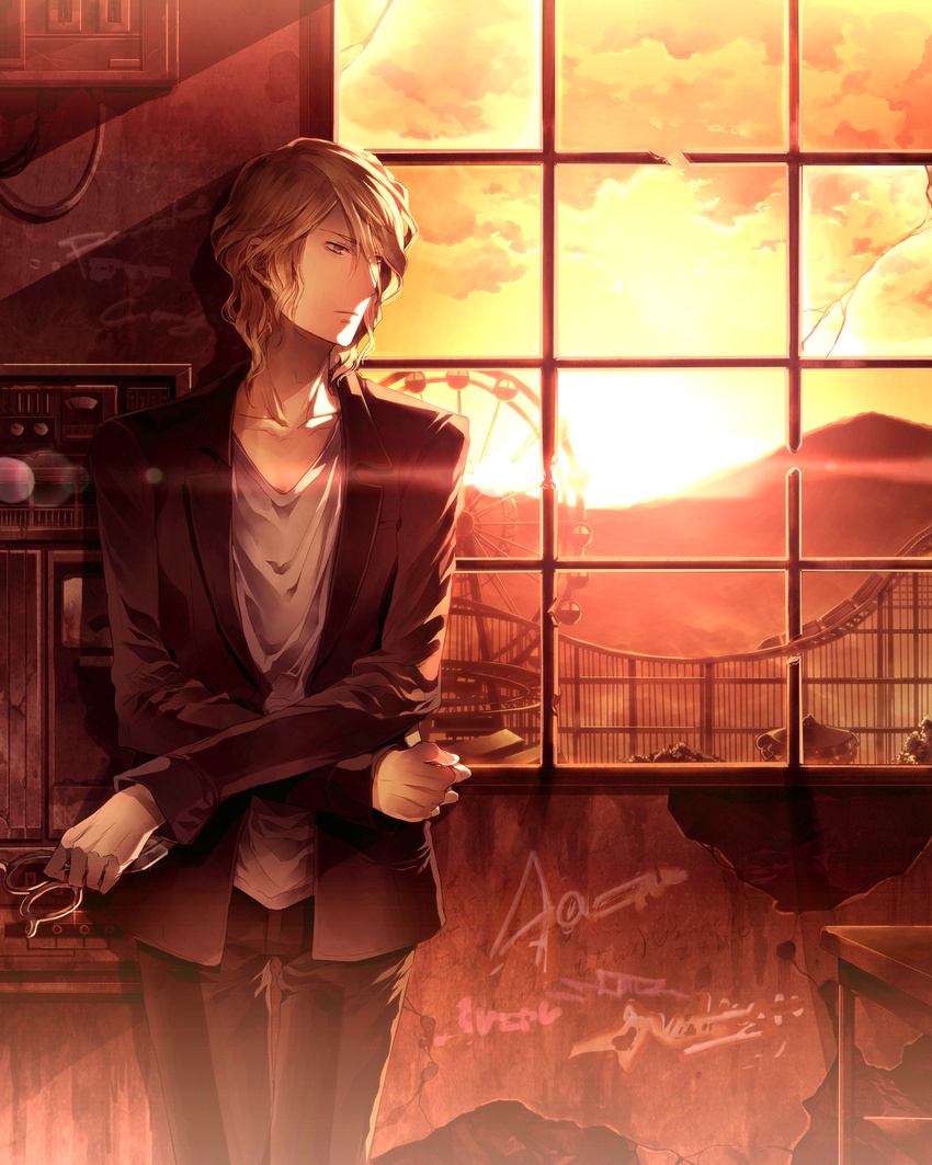 cage_-open- character_request cuffs ferris_wheel formal handcuffs highres male_focus solo suit sunakumo sunset window