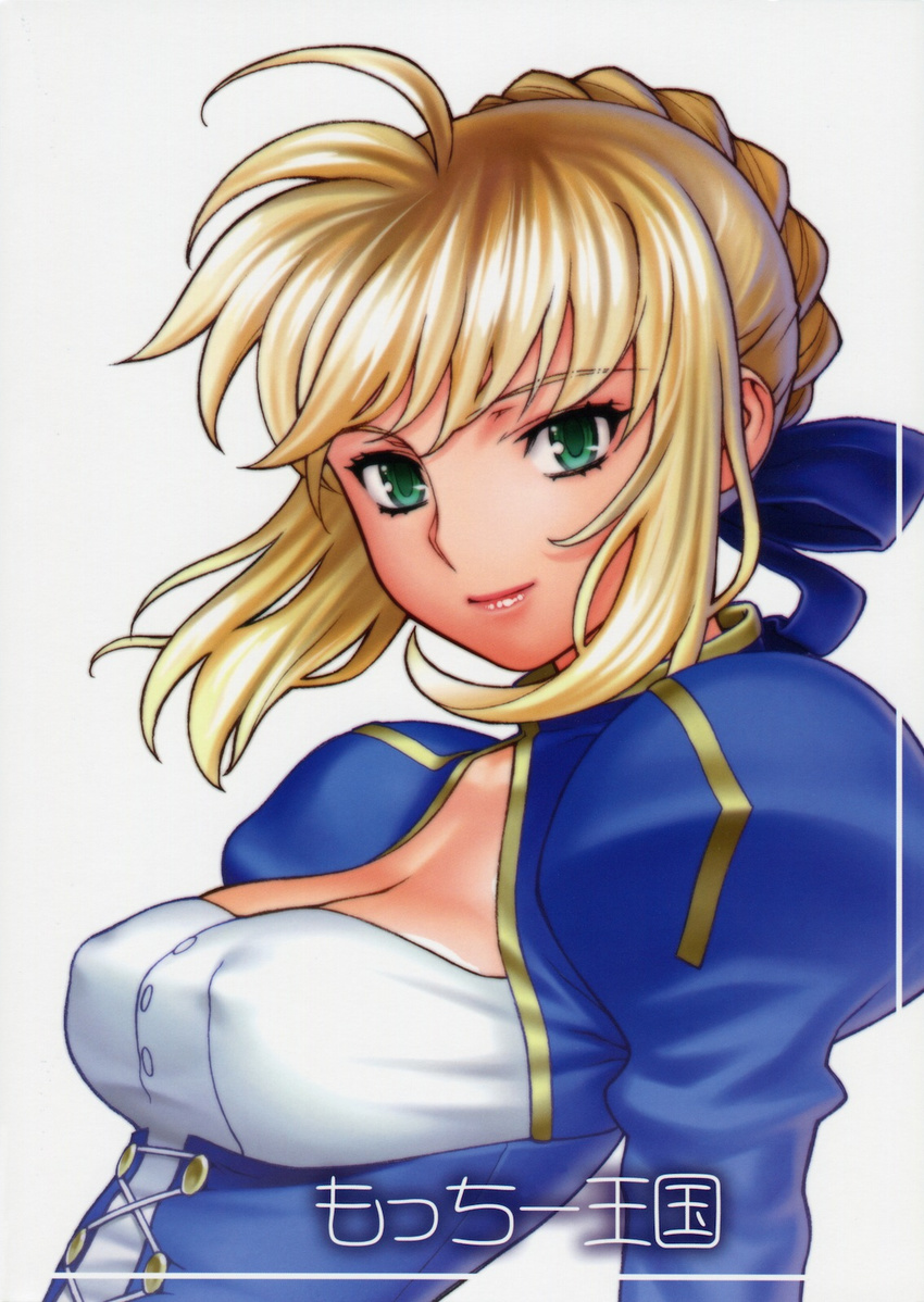 ahoge artoria_pendragon_(all) blonde_hair breasts cleavage cleavage_cutout corset covered_nipples dress face fate/stay_night fate_(series) green_eyes hair_ribbon highres lips medium_breasts motchie ponytail ribbon saber sidelocks smile solo
