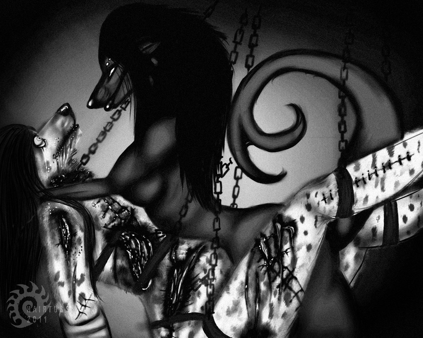 anthro black_and_white blood blush breasts canine crying female gore greyscale hairtuss mammal monochrome nightmare_fuel nude penetration phobia plain_background spreading tears torture vaginal vaginal_penetration xeno