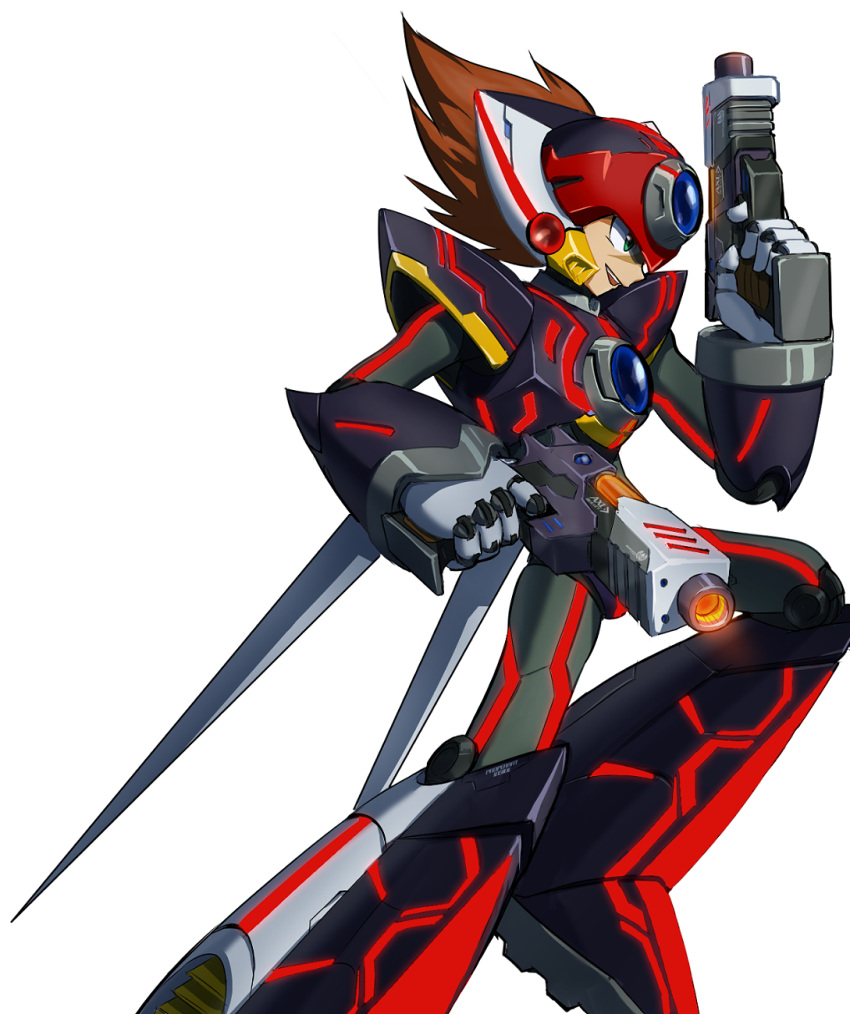 1boy android axl brown_hair capcom dual_wielding green_eyes gun helmet highres holding holding_weapon male_focus open_mouth rockman rockman_x scar simple_background smile solo standing user_fuyz3388 weapon white_background
