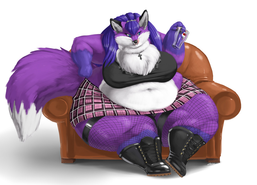 breasts brown_furniture canine chair cross female fox gillpanda looking_at_viewer mammal morbidly_obese multi-colored_body multicolored_clothing obese overweight purple sitting skirt sofa solo