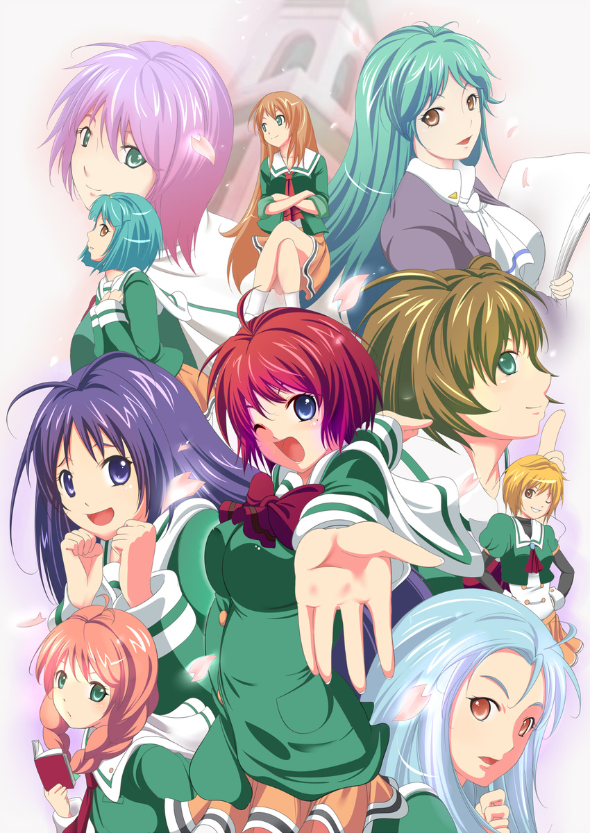 ;d akai_homura asou_kasumi bad_id bad_pixiv_id blonde_hair blue_eyes blue_hair book bow brown_eyes brown_hair front_ponytail green_eyes green_hair green_shirt happy hibikino_high_school_uniform highres hinomoto_hikari ichimonji_akane ijuuin_mei katori_(mocchidou) kotobuki_miyuki long_hair minazuki_kotoko mole mole_under_eye multiple_girls one_eye_closed open_mouth outstretched_hand petals pink_hair purple_eyes purple_hair red_hair ribbon sakura_kaedeko school_uniform shirayuki_miho shirt short_hair skirt sleeves_rolled_up smile tokimeki_memorial tokimeki_memorial_2 yae_kaori