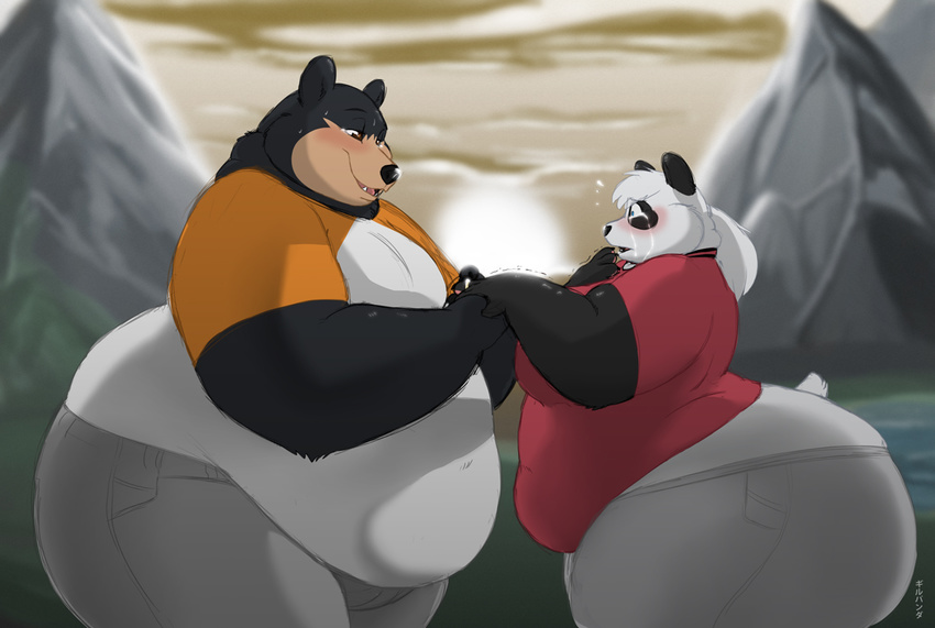 breasts crying cute female gillpanda male mammal morbidly_obese open_mouth overweight panda tears