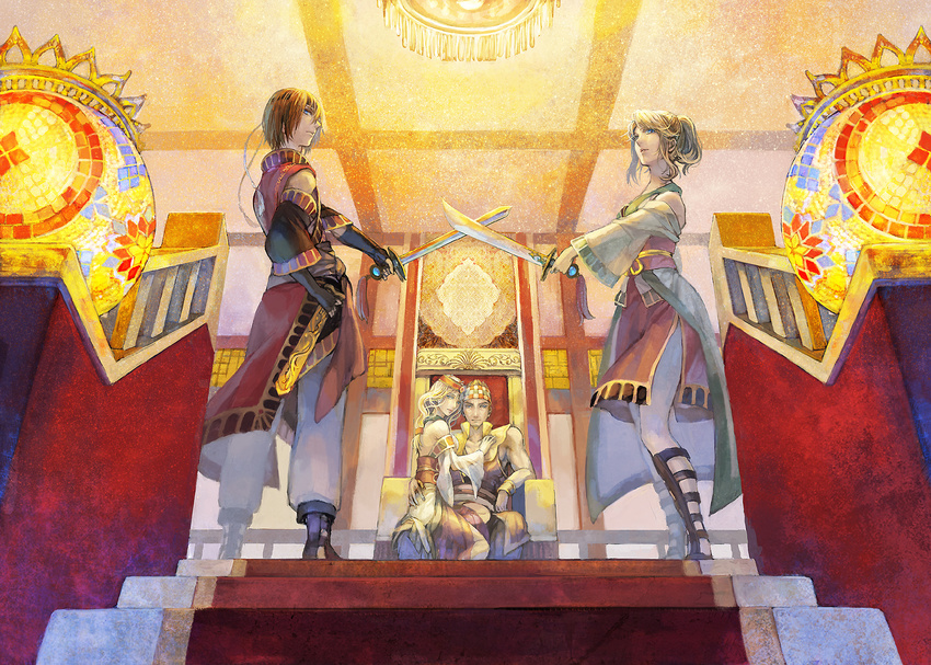 2girls blonde_hair blue_eyes brother_and_sister family flare_en_kuldes gensou_suikoden gensou_suikoden_iv harusaki_miho headband highres husband_and_wife lazlo lino_en_kuldes mother_and_daughter mother_and_son multiple_boys multiple_girls queen_of_obel robe siblings sword time_paradox weapon