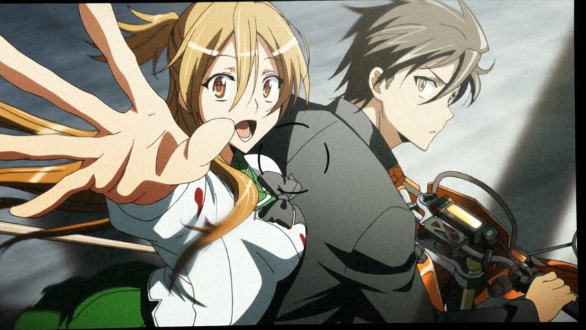 brown_hair duo highschool_of_the_dead hold_out_hand komuro_takashi long_hair looking_at_camera miyamoto_rei motorcycle open_mouth school_uniform screenshot smile uniform