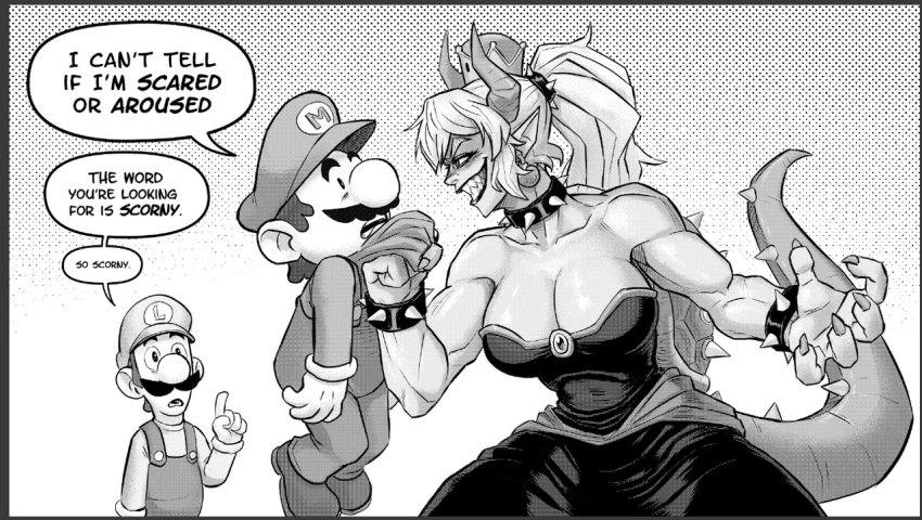 1girl 1koma 2boys arm_at_side bare_arms bare_shoulders bowsette bracelet breasts brothers cleavage collar collar_grab collarbone comic commentary crown dress earrings english_commentary english_text evil_grin evil_smile facial_hair fingernails gloves greyscale grin hand_up hat height_difference high_ponytail horns index_finger_raised jewelry large_breasts lifting_person long_hair long_sleeves looking_at_another luigi mario mario_(series) mcnostril monochrome multiple_boys muscle muscular_female mustache new_super_mario_bros._u_deluxe nintendo open_mouth overalls pointy_ears ponytail sharp_fingernails sharp_teeth shoes siblings sidelocks smile speech_bubble spiked_bracelet spiked_collar spiked_shell spiked_tail spikes strapless strapless_dress super_crown sweater tail teeth turtle_shell upper_body v-shaped_eyebrows