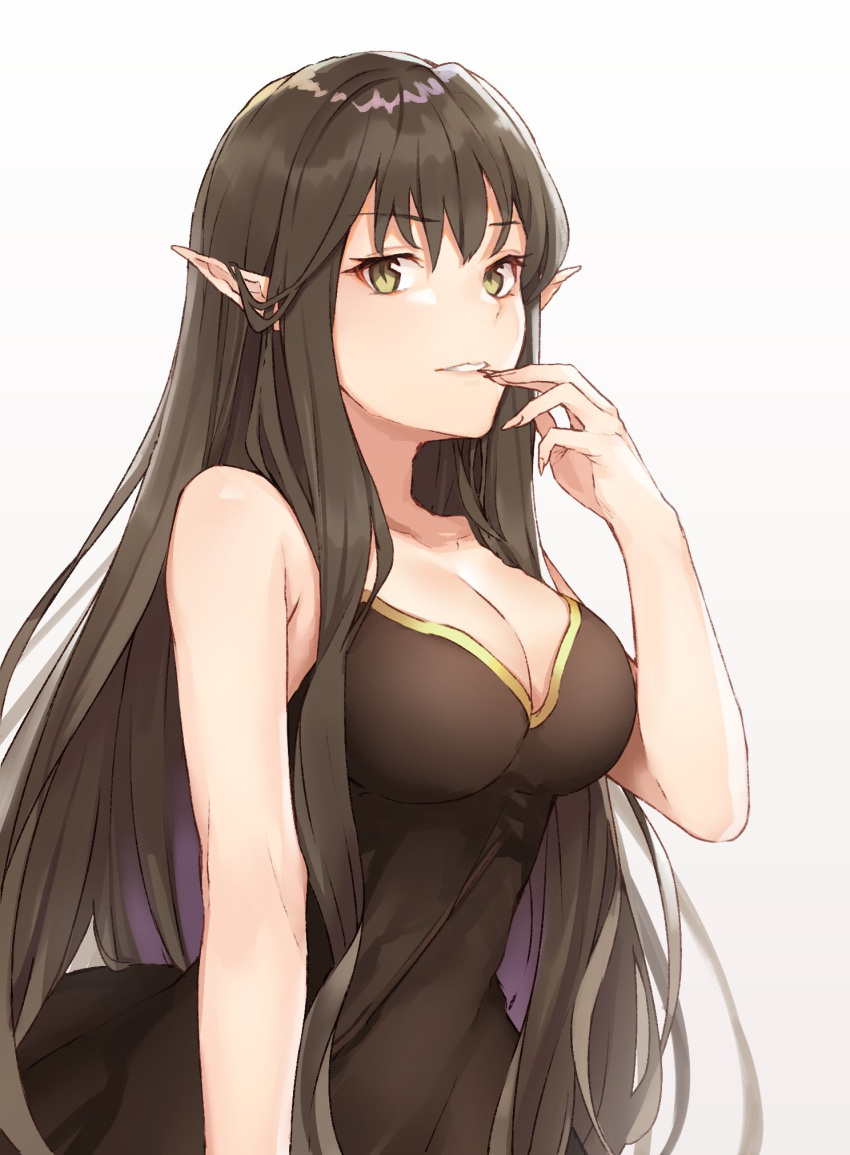 1girl alternate_costume bangs bare_shoulders biting black_cola black_dress black_hair breasts cleavage dress eyebrows_visible_through_hair fate/apocrypha fate/grand_order fate_(series) finger_biting fingernails hair_between_eyes highres large_breasts long_fingernails long_hair looking_at_viewer pointy_ears semiramis_(fate) sleeveless sleeveless_dress solo white_background yellow_eyes