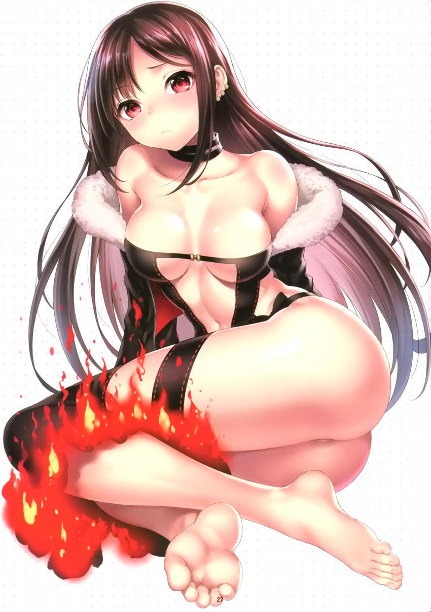1girl absurdres ass bangs bare_shoulders barefoot blush bottomless breasts brown_hair cleavage closed_mouth collar consort_yu_(fate) dress earrings eyebrows_visible_through_hair fate/grand_order fate_(series) feet fire full_body fur_trim garters highres jewelry kase_daiki long_hair looking_at_viewer medium_breasts no_bra no_panties red_eyes scan shiny shiny_hair shiny_skin sidelocks simple_background sitting solo strapless strapless_dress thighs toes white_background