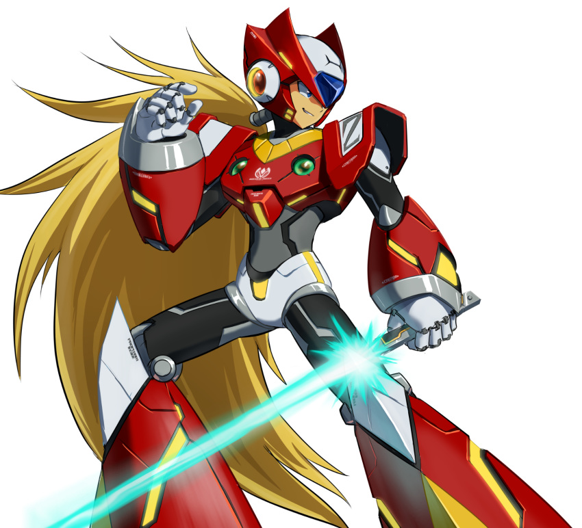 1boy android blonde_hair blue_eyes capcom energy_blade energy_sword helmet highres holding holding_weapon lightsaber long_hair male_focus ponytail rockman rockman_x simple_background smile solo standing sword user_fuyz3388 very_long_hair weapon white_background zero_(rockman)