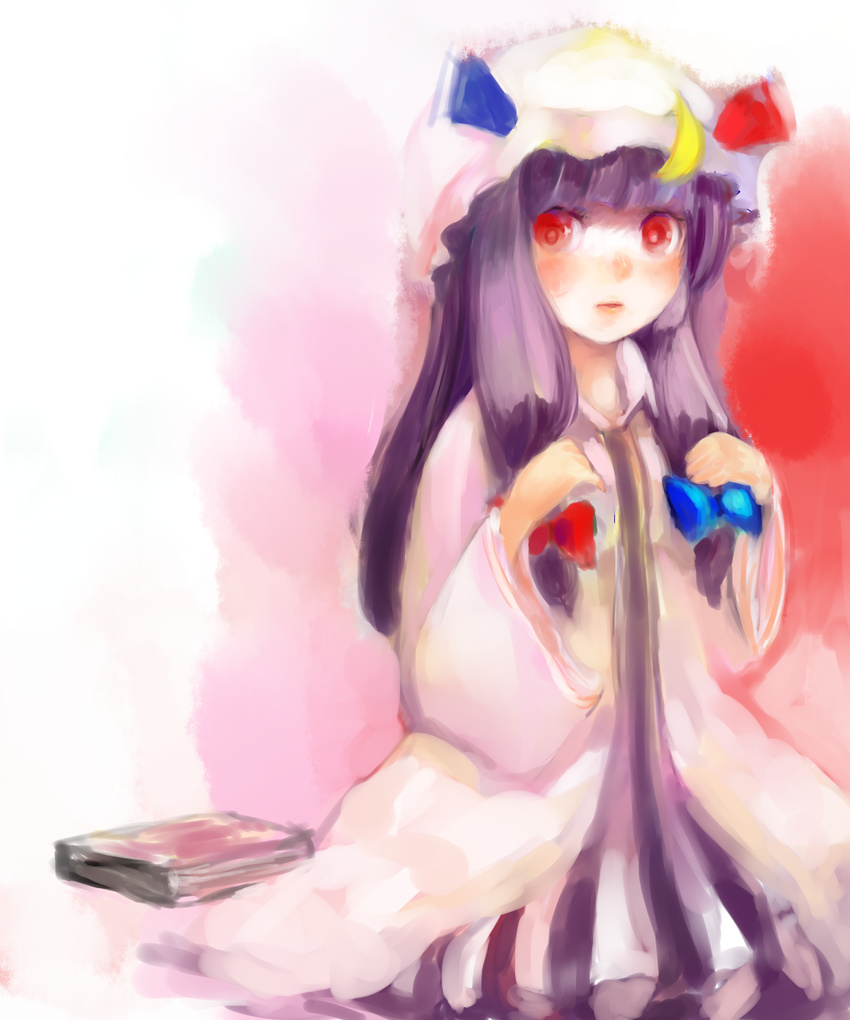 absurdres bad_id bad_pixiv_id hair_ribbon hat highres kneeling lips long_hair maccha_cocoa_(mococo) patchouli_knowledge purple_hair ribbon solo touhou