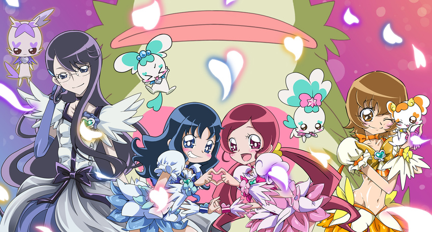 blue_eyes blue_hair blue_skirt blush bow brooch brown_eyes brown_hair choker chypre_(heartcatch_precure!) coffret_(heartcatch_precure!) cologne_(heartcatch_precure!) coupe creature cure_blossom cure_marine cure_moonlight cure_sunshine dress elbow_gloves eyelashes flower glasses gloves grin hair_ornament hairclip hanasaki_tsubomi happy heart heart_hands heart_hands_duo heartcatch_precure! holding_hands jewelry kurumi_erika long_hair magical_girl midriff multiple_girls myoudouin_itsuki navel one_eye_closed orange_choker pink_bow pink_eyes pink_hair potpourri_(heartcatch_precure!) precure purple_eyes purple_hair ribbon short_hair single_elbow_glove single_glove sinko_(sinsin) skirt smile too_many too_many_hearts tsukikage_yuri twintails wrist_cuffs