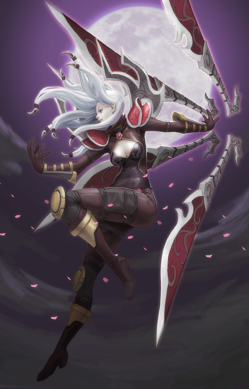 alternate_costume blade bodysuit boots breasts brown_eyes cherry_blossoms cleavage cleavage_cutout heart highres irelia knee_pads league_of_legends legs long_hair loped medium_breasts moon night nightblade_irelia pale_skin pauldrons solo white_hair