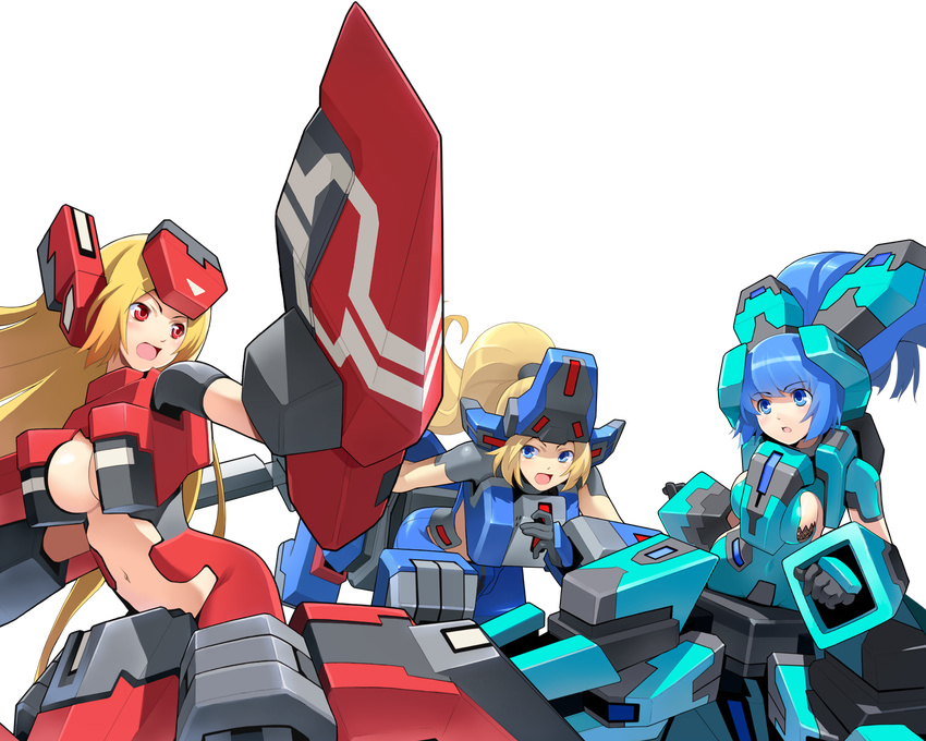 3girls blonde_hair blue_eyes blue_hair breasts cosmic_break crimrose highres lazflamme lily_rain long_hair mecha_musume midriff multiple_girls navel official_art open_mouth ponytail red_eyes sideboob smile wallpaper