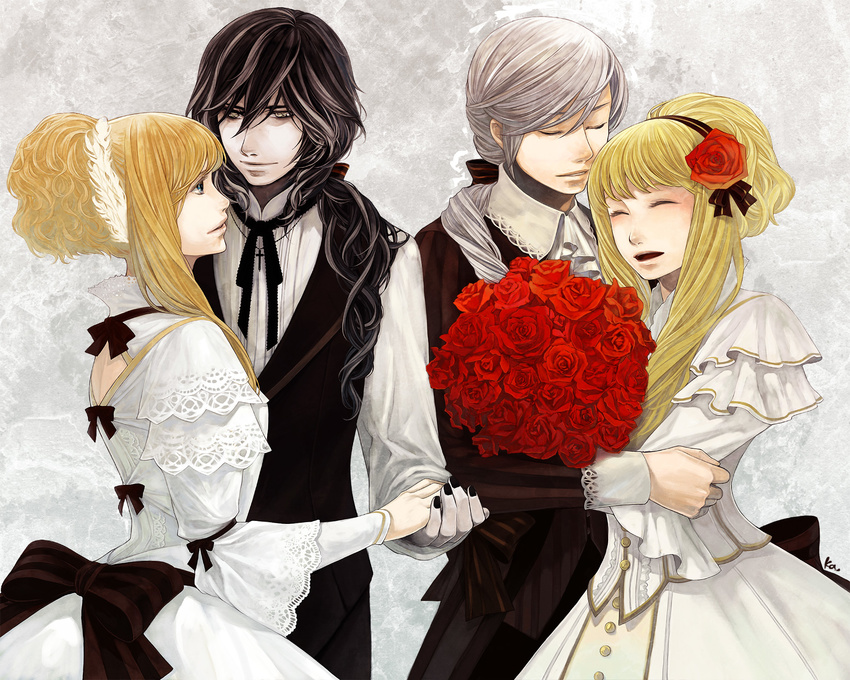 2girls bad_id bad_pixiv_id black_hair blonde_hair blue_eyes bouquet closed_eyes couple cravat cross dress dual_persona elisabeth_von_wettin elyse eye_contact feathers flower formal hair_feathers hair_flower hair_ornament hair_ribbon hairband hetero highres holding_hands jewelry katsura_(+araka) looking_at_another marchen marchen_von_friedhof marz_von_ludowing multicolored_hair multiple_boys multiple_girls nail_polish necklace necktie older open_mouth ponytail red_flower red_rose ribbon rose sidelocks silver_hair smile sound_horizon striped two-tone_hair waistcoat wavy_hair white_dress yellow_eyes