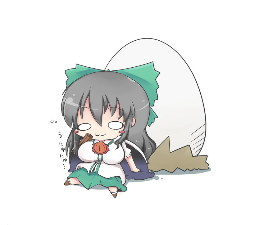 :3 arm_cannon black_hair blush_stickers cape chibi dekasudachin egg long_hair o_o pain reiuji_utsuho shirt sitting skirt solo third_eye touhou translated unyu weapon