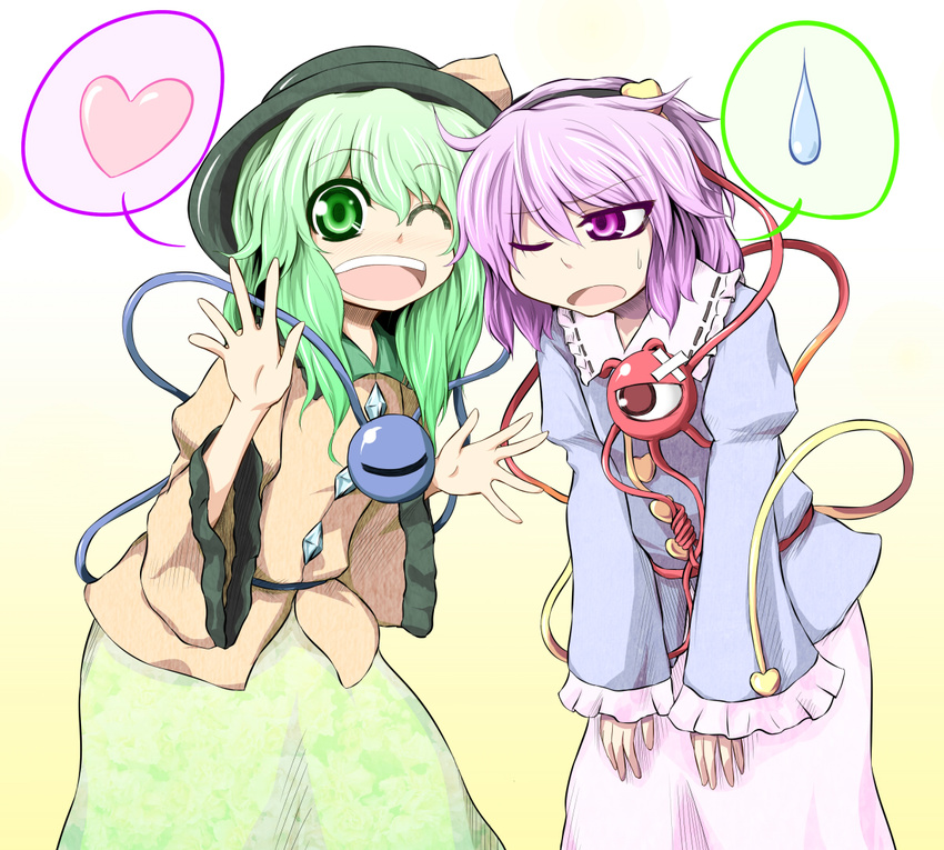 bandages eyeball green_eyes green_hair hairband hat heart komeiji_koishi komeiji_satori multiple_girls ni_(ippozenshin) one_eye_closed open_mouth pink_eyes pink_hair short_hair siblings sisters skirt spoken_heart spoken_sweatdrop sweatdrop third_eye touhou