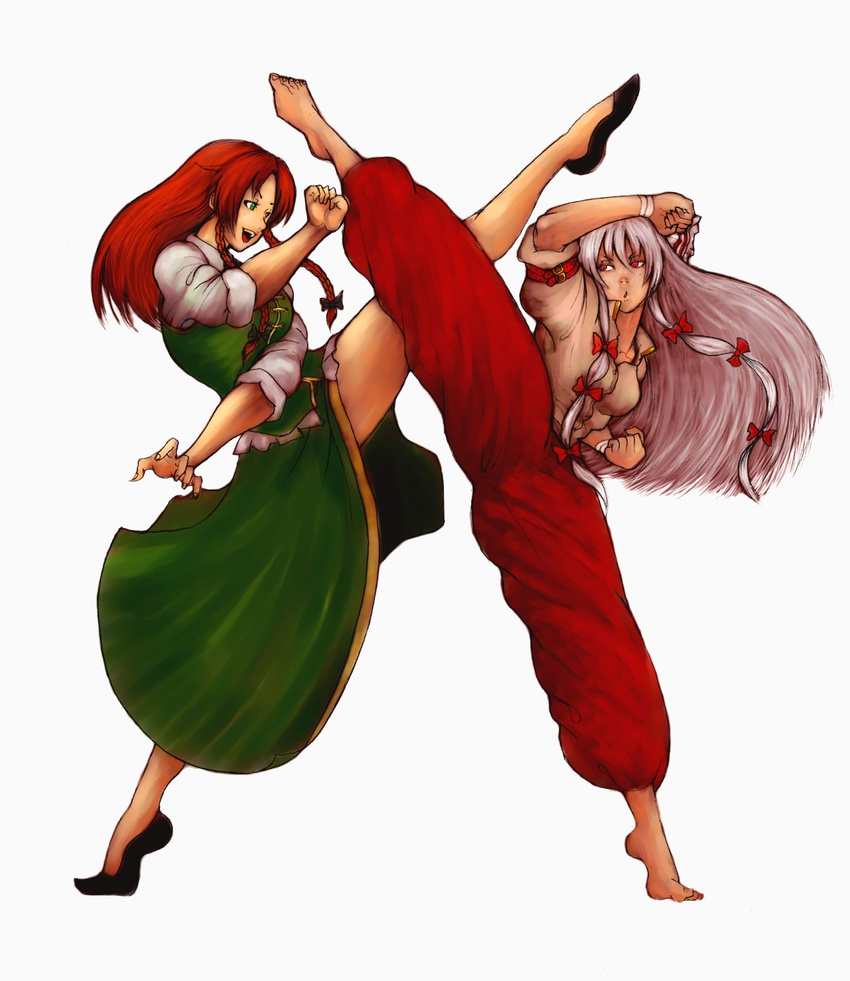 baggy_pants barefoot battle crosscounter duel fighting_stance flats fujiwara_no_mokou full_body green_eyes high_kick highres hong_meiling kicking kung_fu long_hair multiple_girls outstretched_leg pants plantar_flexion red_eyes red_hair side_slit silver_hair simple_background smile split standing standing_on_one_leg standing_split terrajin toes touhou white_background